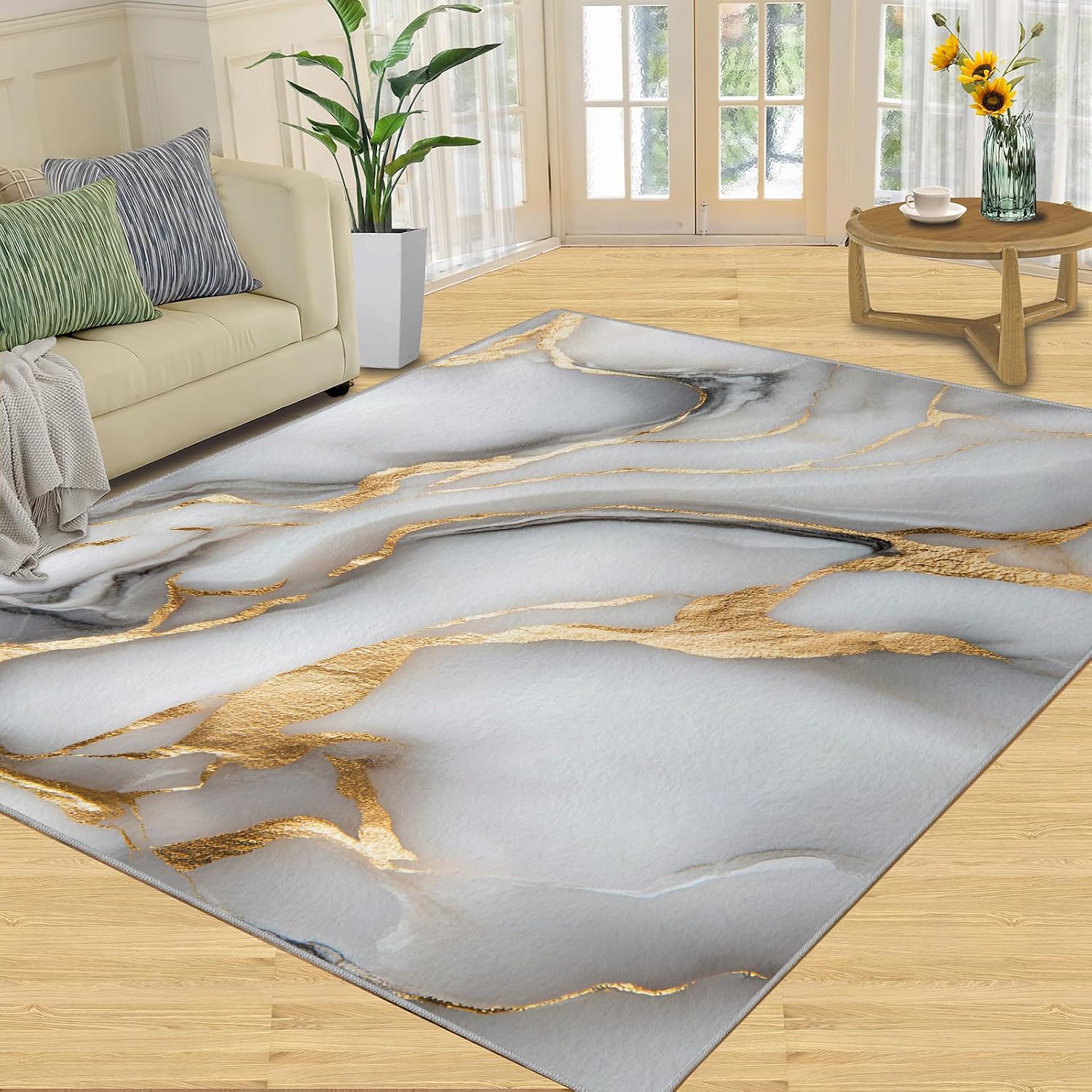 White Gold Marble Rug Large - 6x8 Rug, Light Luxury Washable Rugs for Living Room, Modern Abstract Carpet, Contemporary Non-Slip Area Rugs for Bedroom, Aesthetic Carpet, Marble Home Decor