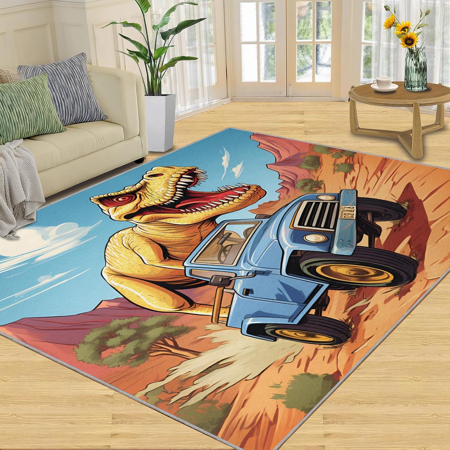 Dinosaur Rug for Kids Room - 6x8 Large Rug, Cartoon Monster Truck Rugs for Bedroom Cartoon Scene Truck Dinosaur Area Rugs for Living Room Home Decor Washable Rug