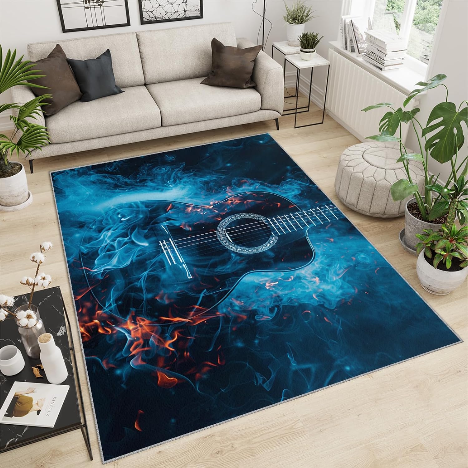 Guitar Rugs for Music Room - 5x7 Rug, Music Home Decor, Boys Musical Washable Rugs for Living Room Bedroom, Cool Blue Area Rug, Rock and Roll Carpet, Electric Guitars Gifts for Men