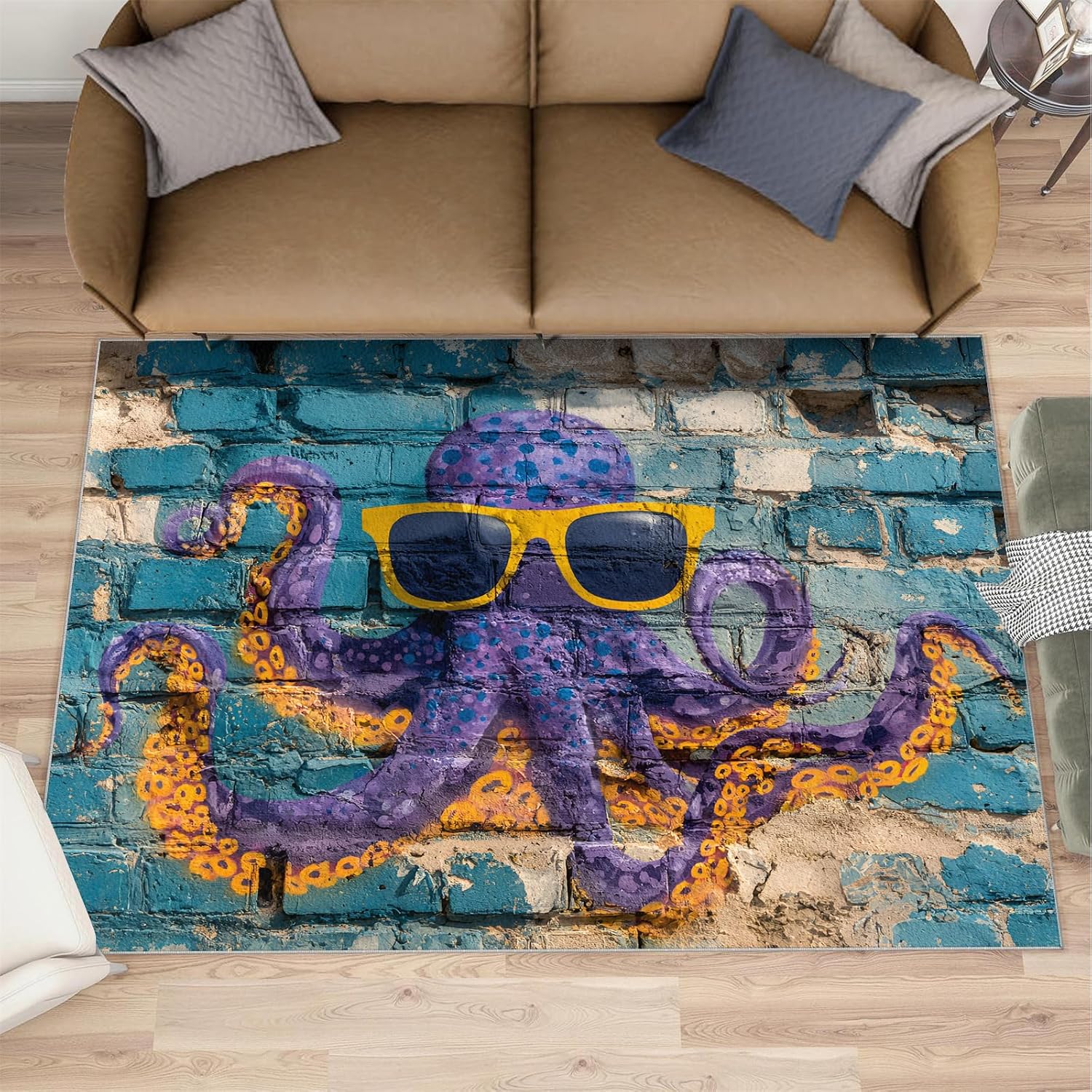 Graffiti Rugs for Bedroom, Street Art Rug 6x8, Octopus Dining Room Rugs Washable & Non Slip Large Carpet for Home Decor