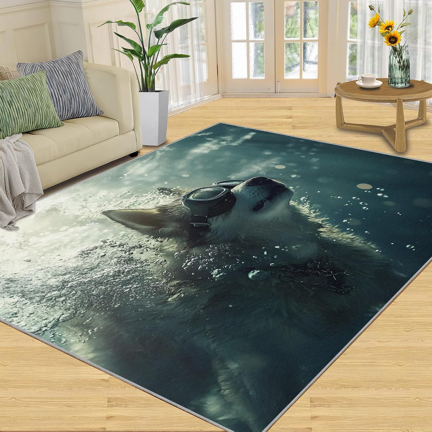 Corgi Rug 6x8, Swimming Dogs Rugs for Living Room, Underwater Dog Rugs for Bedroom, Non Slip Washable Area Rug, Low Pile Carpet for Hardwood Floors