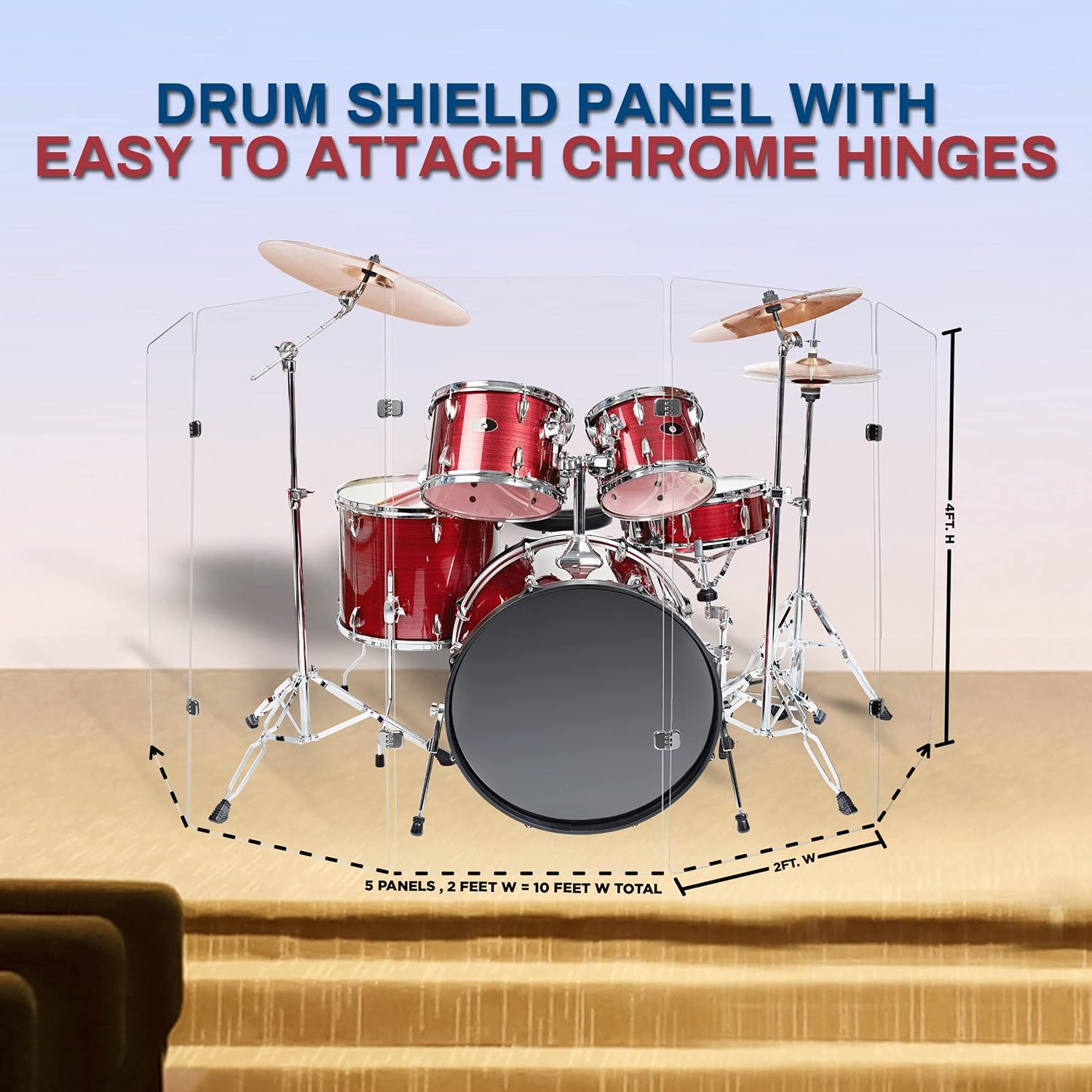 PENNZONI Drum Shield 4ft w/Chrome Hinges, Comes w/ 5 Drum Panels, & 8 Chrome Hinges, Premium Clear Acrylic Panels, Drum Screen