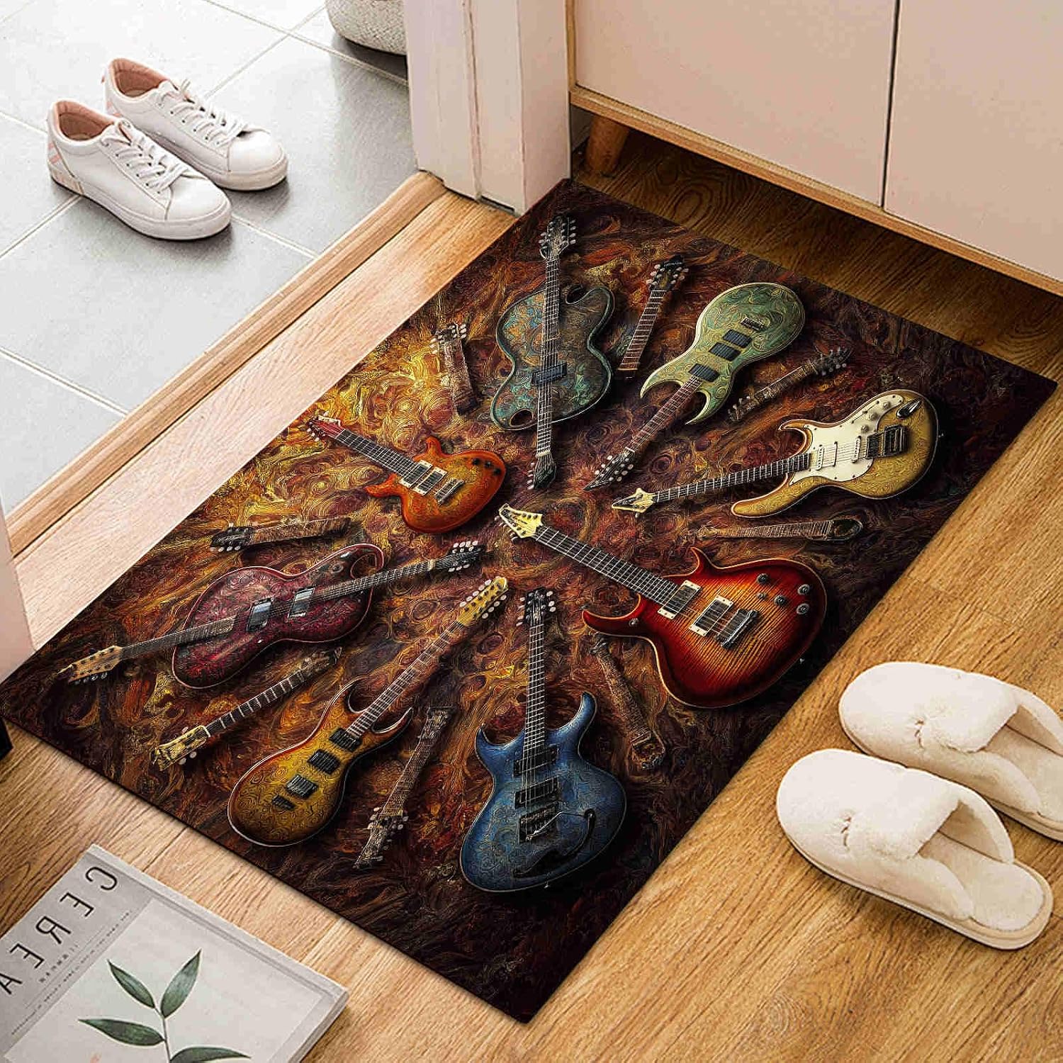 Rock Guitar Silhouette 8x10 Washable Large Area Rug Flame Wave Texture Carpet for Study Bedroom Nursery, Washable Rugs Non Slip Soft CarpetCrimson Living Room Rugs Non-Slip