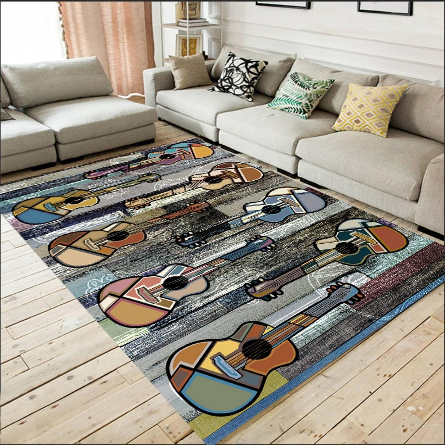 Colorful Kids Guitar Area Rug 6x8ft Multicolor Wood Grain Guitar Mat Children's Music Classroom Music Decor Non Slip Rugs Pet Friendly Cozy Home Decor Carpets for Boys and Girls