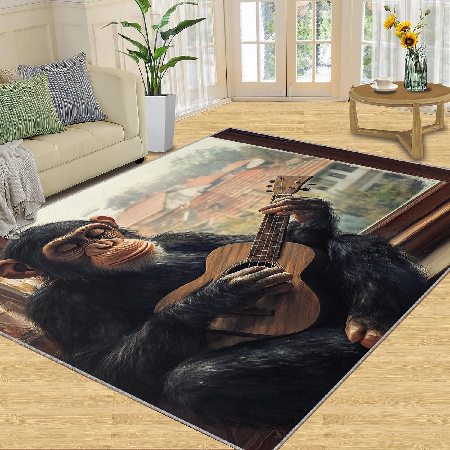 7x10 Chimp Area Rug - Chimpanzee Large Rug for Bedroom, Guitar Chimpanzee Big Rug for Kids Soft Easy to Clean for Dining Room Men Room Garage Decor