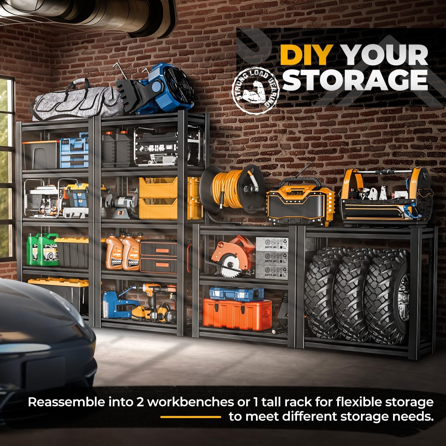 Auto Dynasty 5-Tier Storage Shelves Set of 2, 72' H (3000LBS Capacity) Adjustable Garage Shelving, Metal Storage Utility Rack Shelf Unit for Pantry Kitchen Warehouse, 72' H x 35' W x 16' D, Black