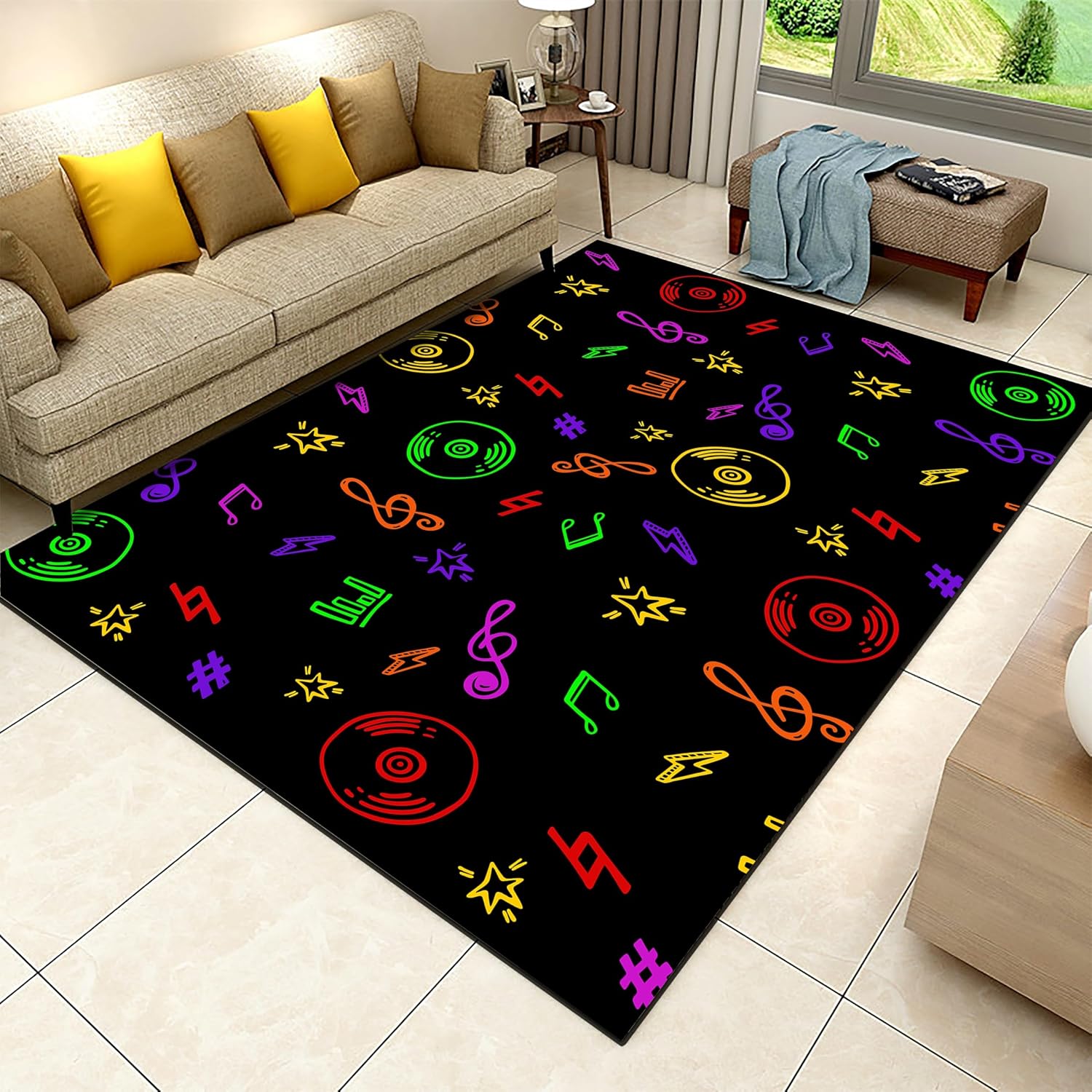 Music Themed Living Room Carpet, 6x8ft, Colorful CD Record Note Playing Mat, Electronic Music Soft Cozy Non-Slip Carpets, Low Pile Dirty Resistant Washable Rugs for Entryway Family