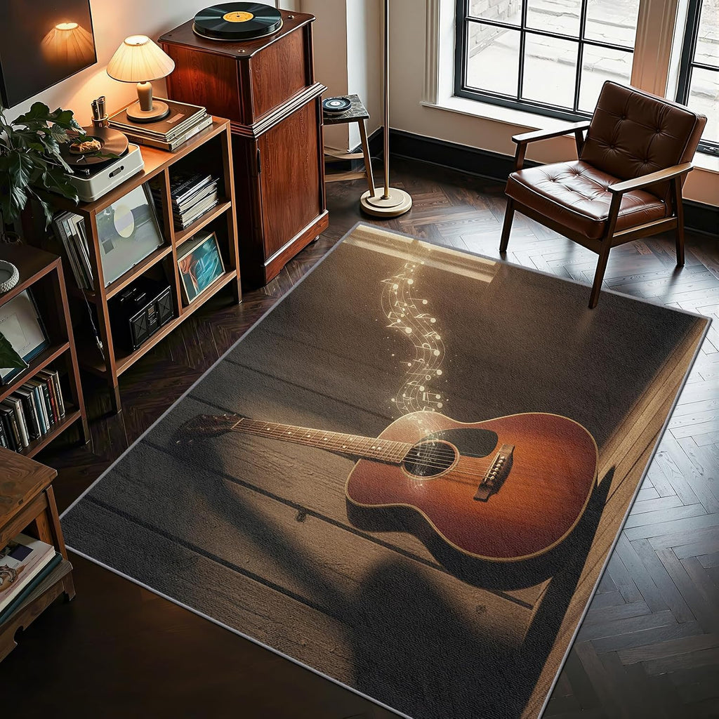 Guitar Rugs for Music Room - 6x8 Rug, Music Note Living Room Rugs, Vintage Guitar Bedroom Rug, Music Themed Carpet, Retro Musical Home Decor & Gifts