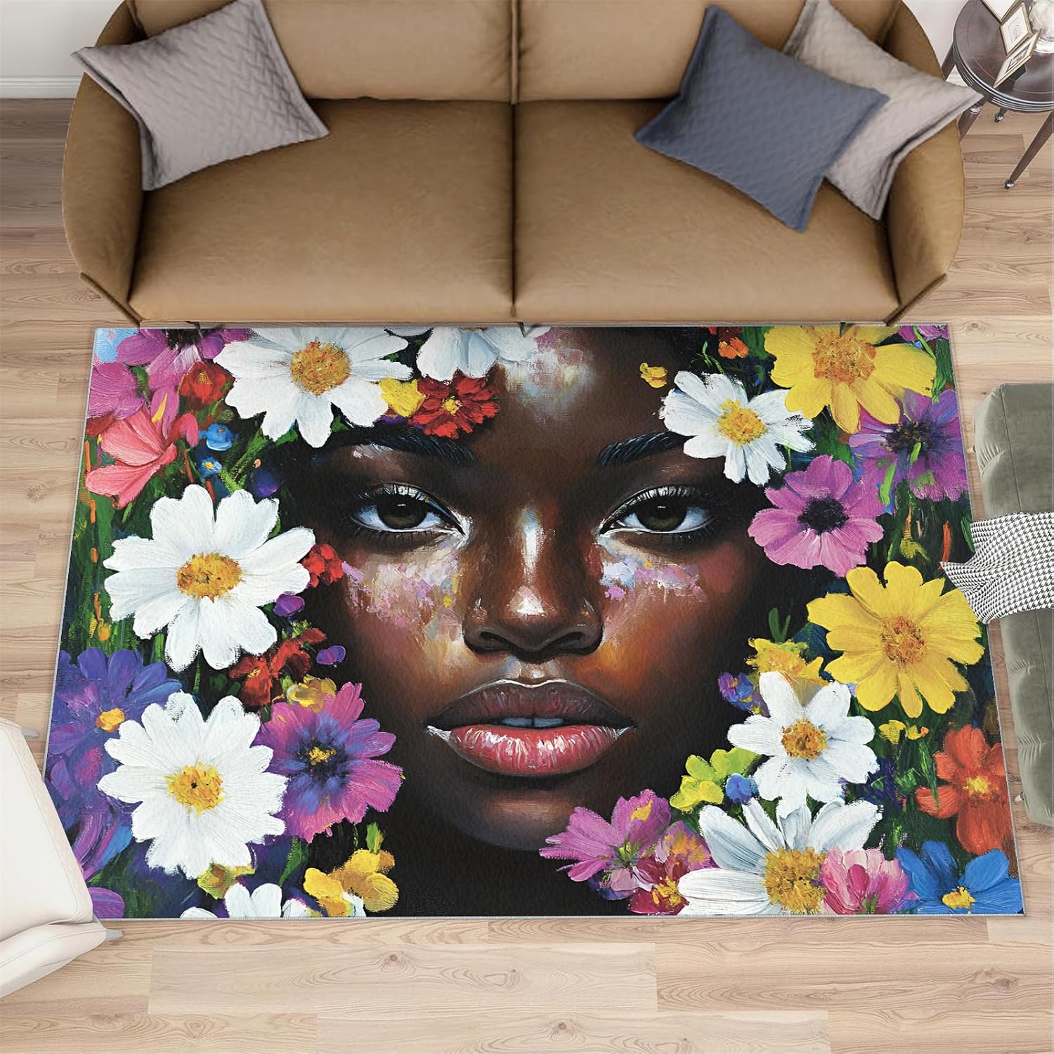 African American Rug 6x8-6x8 Rug, Afro Black Girl Washable Rugs for Living Room, Watercolor Carpet, Afro Girl Non-Slip Area Rugs for Bedroom, Floral Carpet, African Woman Home Decor