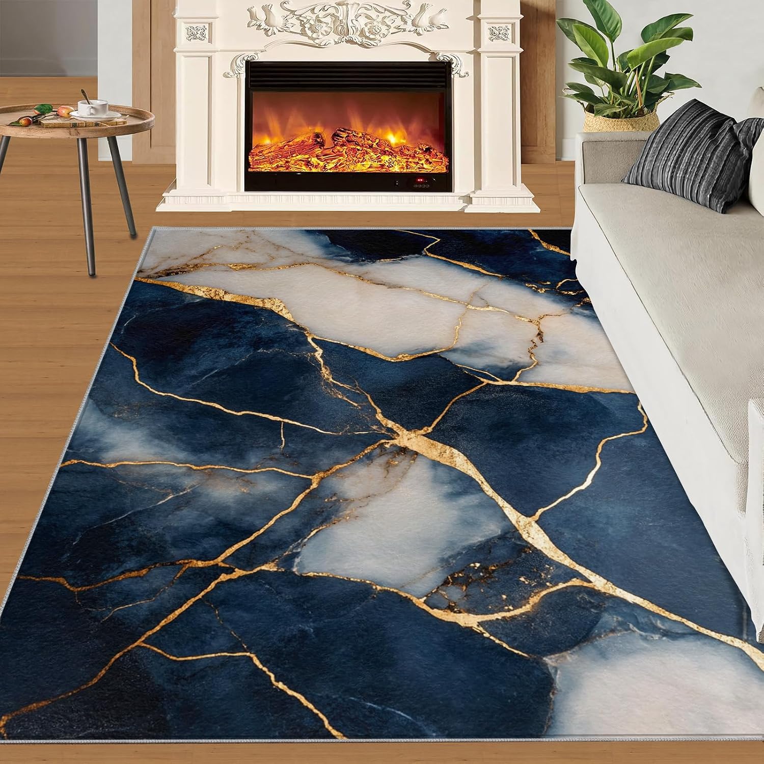 Blue Gold Carpet - Large Rug 6x8 - Marble Rugs for Living Room - Soft & Non Slip & Washable Rugs for Bedroom, Light Luxury Carpets for Dining Room Lounge Girls Room