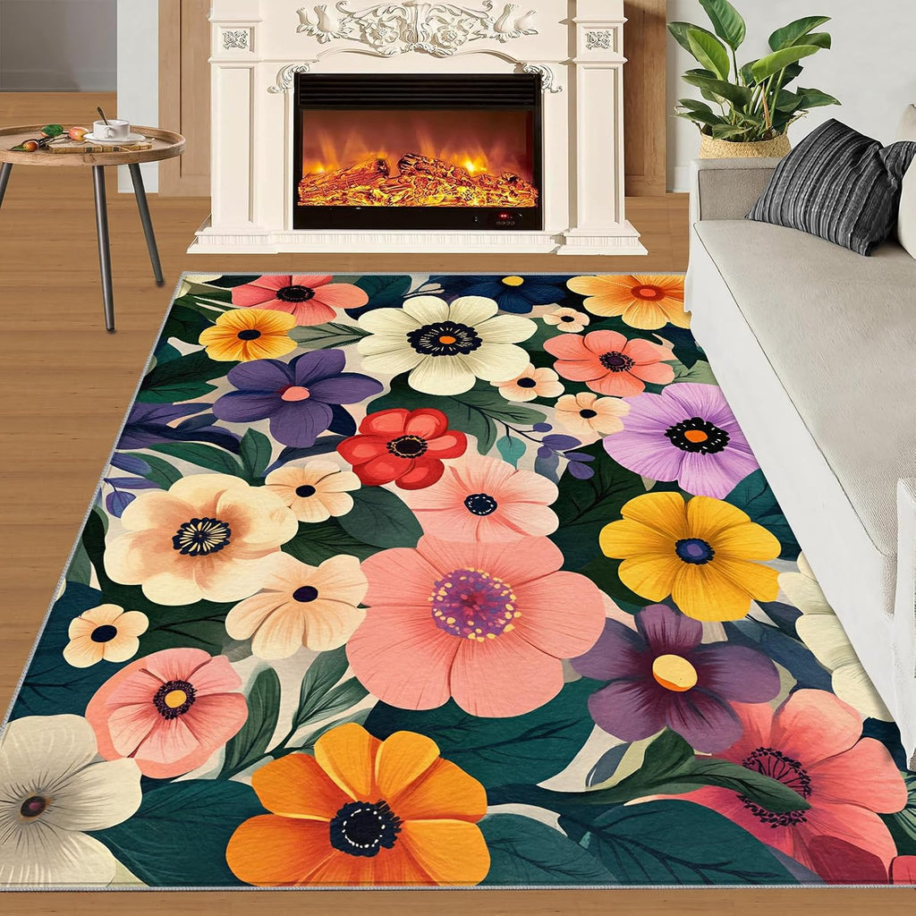 Colorful Flower Rug 6x8, Victoria Flowers Rugs for Living Room, Retro Floral Area Rug, Non Slip Washable Rugs for Bedroom Kitchen Dining Room Decor Carpet