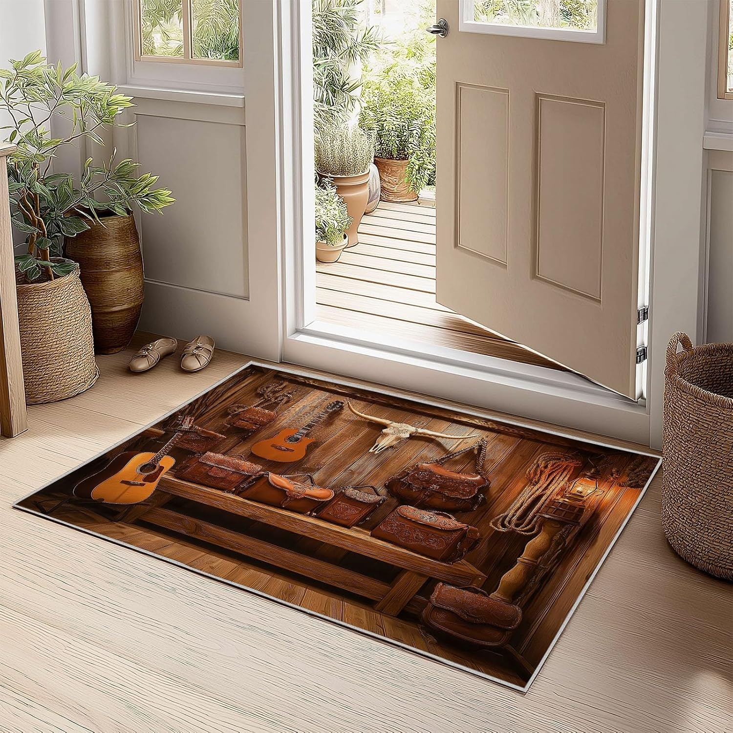 Bedroom Area Rug 6 x 9 ft Western Cowboy Guitar Print Carpet, Living Room Non-Slip Rug Retro Style Washable - Indoor Rectangle Large Carpet for Kitchen Office Playroom Decor