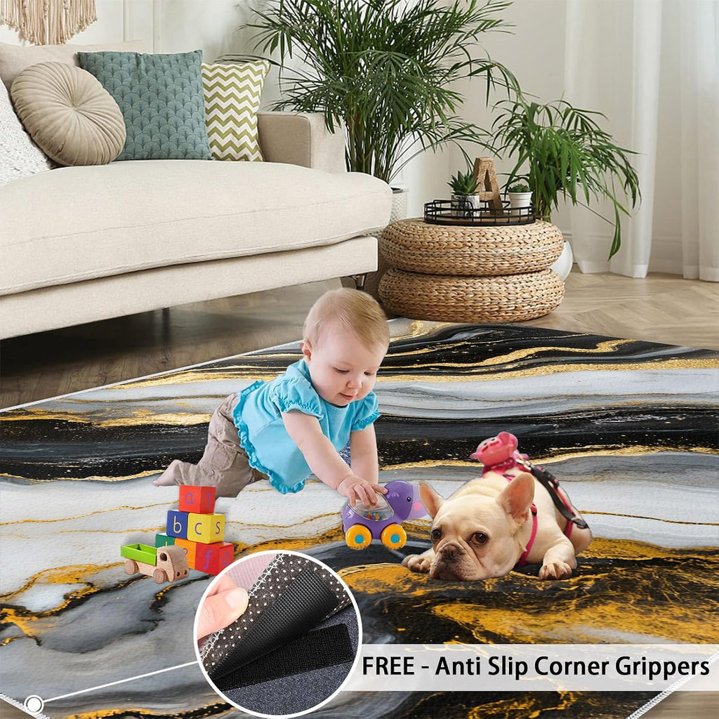 Marble Area Rug 6x8 - Black White Marble Large Rugs for Living Room, Abstract Luxury Carpet Area Rug for Girls Bedroom Kids Room Basement Office Classroom