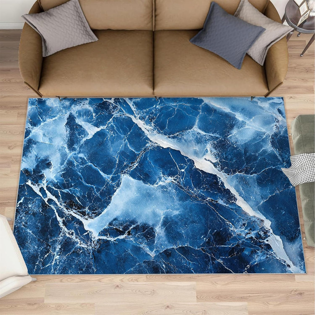 Blue Marble Rug 6x8, Marble Rugs for Bedroom, Cracked Agate Area Rug, Home Decor Rugs for Living Room, Non-Slip Machine Washable Carpet