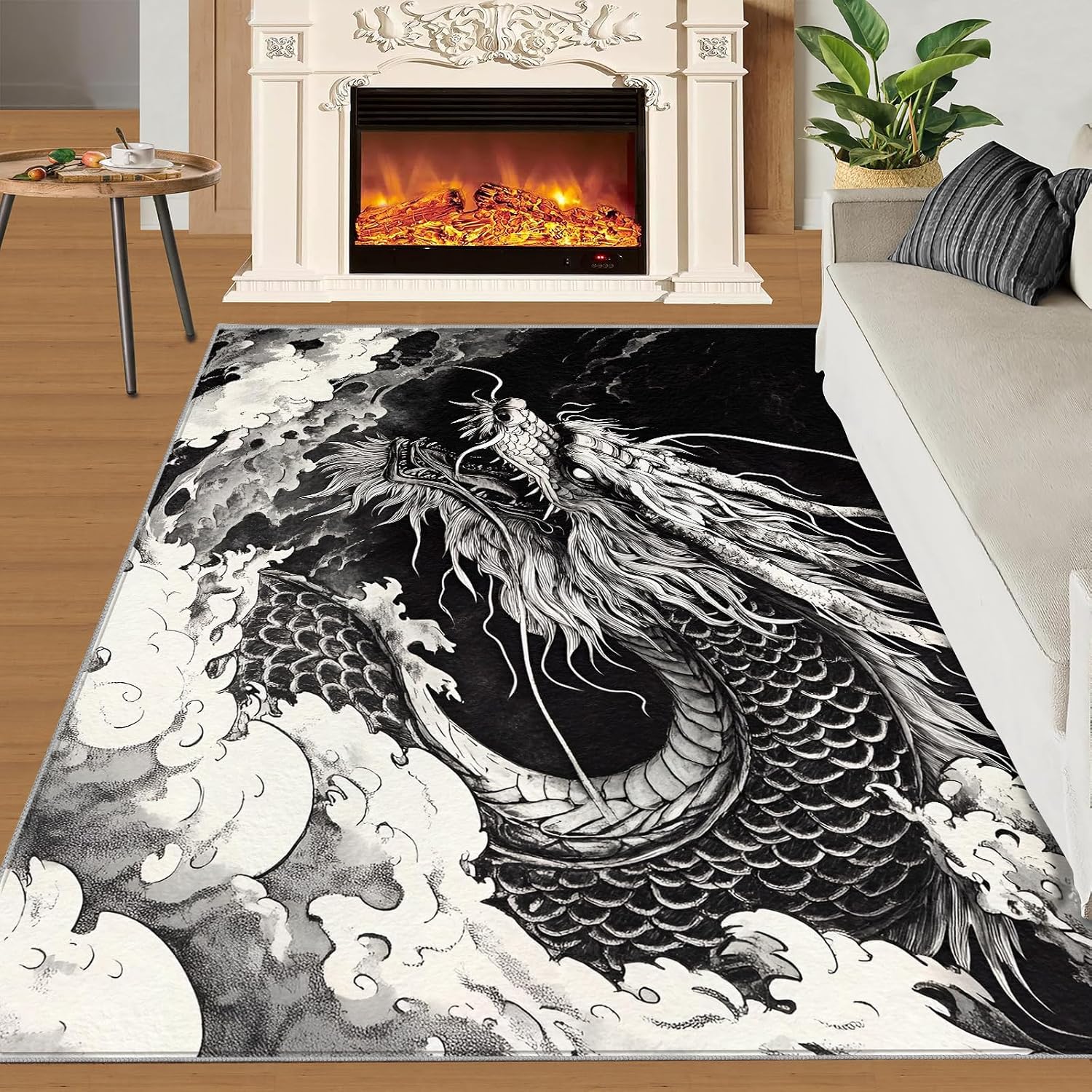 Dragon Rugs for Bedroom, China Dragon Rug 6x8, Fantasy Creature Dining Room Rugs Washable & Non Slip Large Carpet for Home Decor