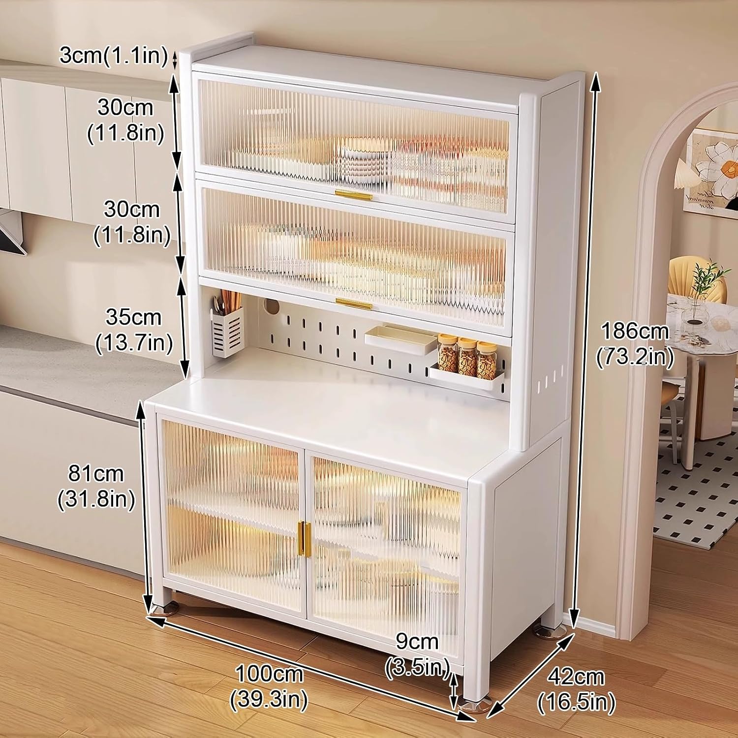 6-Tier Kitchen Bakers Rack, Kitchen Microwave Stand, Bakers Rack with Storage, Pegboard, Adjustable Shelf(White-100Cm)