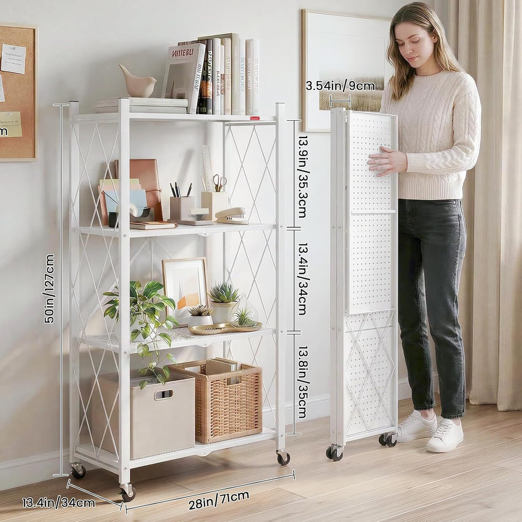 DEANIC 4 Tier Foldable Storage Shelves with Wheels, Large Capacity Shelving Unit, Freestanding Metal Wire Shelf Rack, No Assembly Organizer Rack for Garage Kitchen, Basement, Pantry(White Pack of 2)