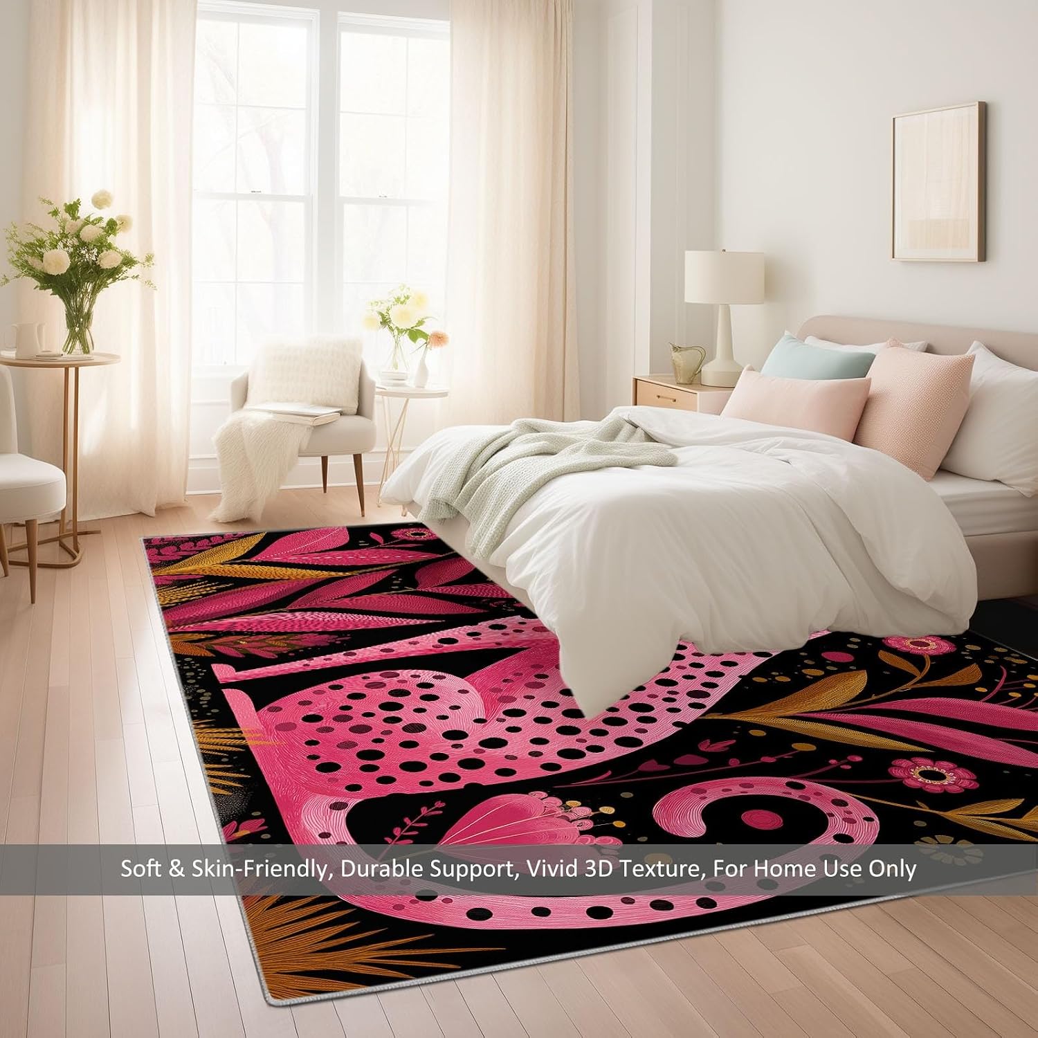 Cartoon Animal Leopard Print Area Rug 5 x 7 ft Washable, Pink Non-Slip Floor Mat - Soft Low-Plie Faux Wool Carpet for Bedroom Living Room Kitchen Entryway Pet Friendly Rug