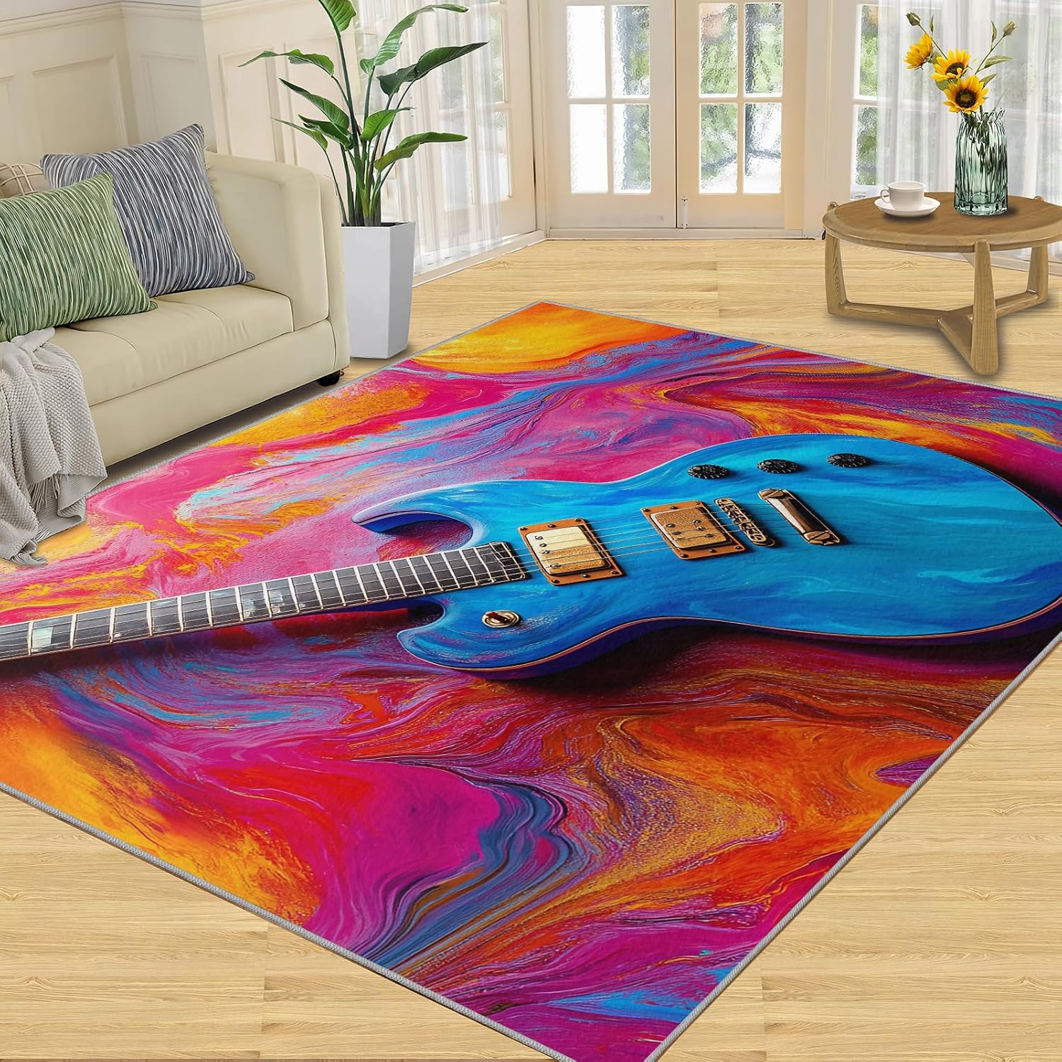 Electric Guitar Area Rugs 8x10 - Abstract Rugs for Living Room, Pop Art Modern Boy Nursery Rug Soft Washable for Classroom Office Bedroom Kids Room