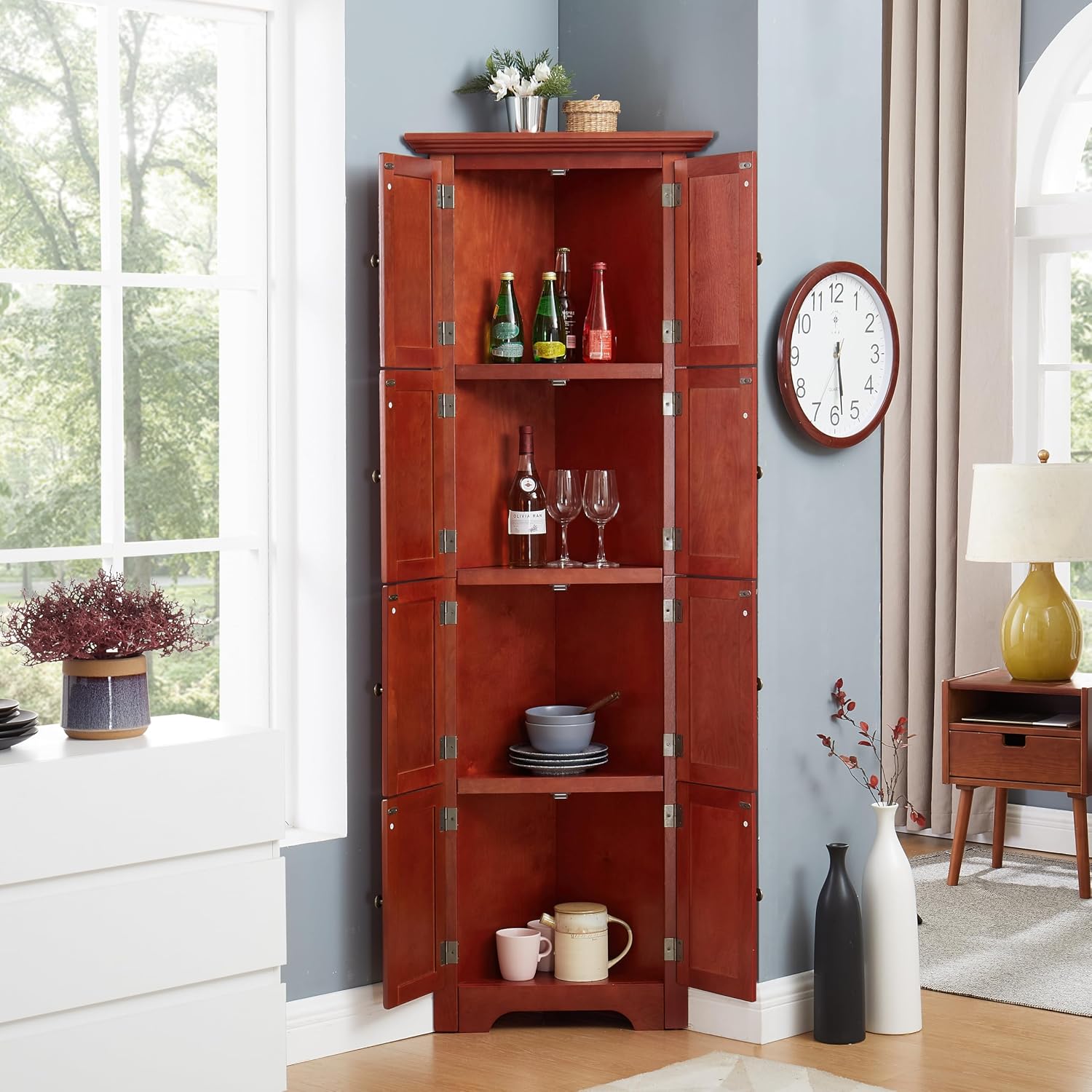 72' Sturdy Freestanding Storage Cabinet, Kitchen Storage Bakers Rack with Tiered Shelves, Utility Food Cupboard with Spacious Doors for Kitchen, Bathroom, Living Room, Cherry