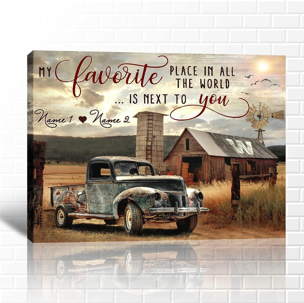 Farmhouse Truck Wall Art, Old Truck Wall Art, Rustic Farmhouse Canvas Wall Art, Vintage Truck Canvas Wall Art, Personalized Valentines Day Gifts, Customized Anniversary Couples Gifts 32x48 Inches