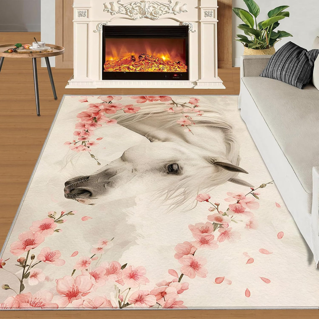 Cherry Blossom Rug for Kids Room - 6x8 Large Rug, Girls White Horse Rugs for Bedroom Western Animal Horse Area Rugs for Living Room Home Decor Washable Rug