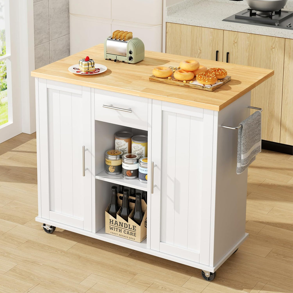 JY QAQA 42' Rolling Kitchen Island Cart with Storage, Drop Leaf Countertop, Drawers & Towel Rack, Mobile Kitchen Table on Wheels for Kitchen Dining Room, White