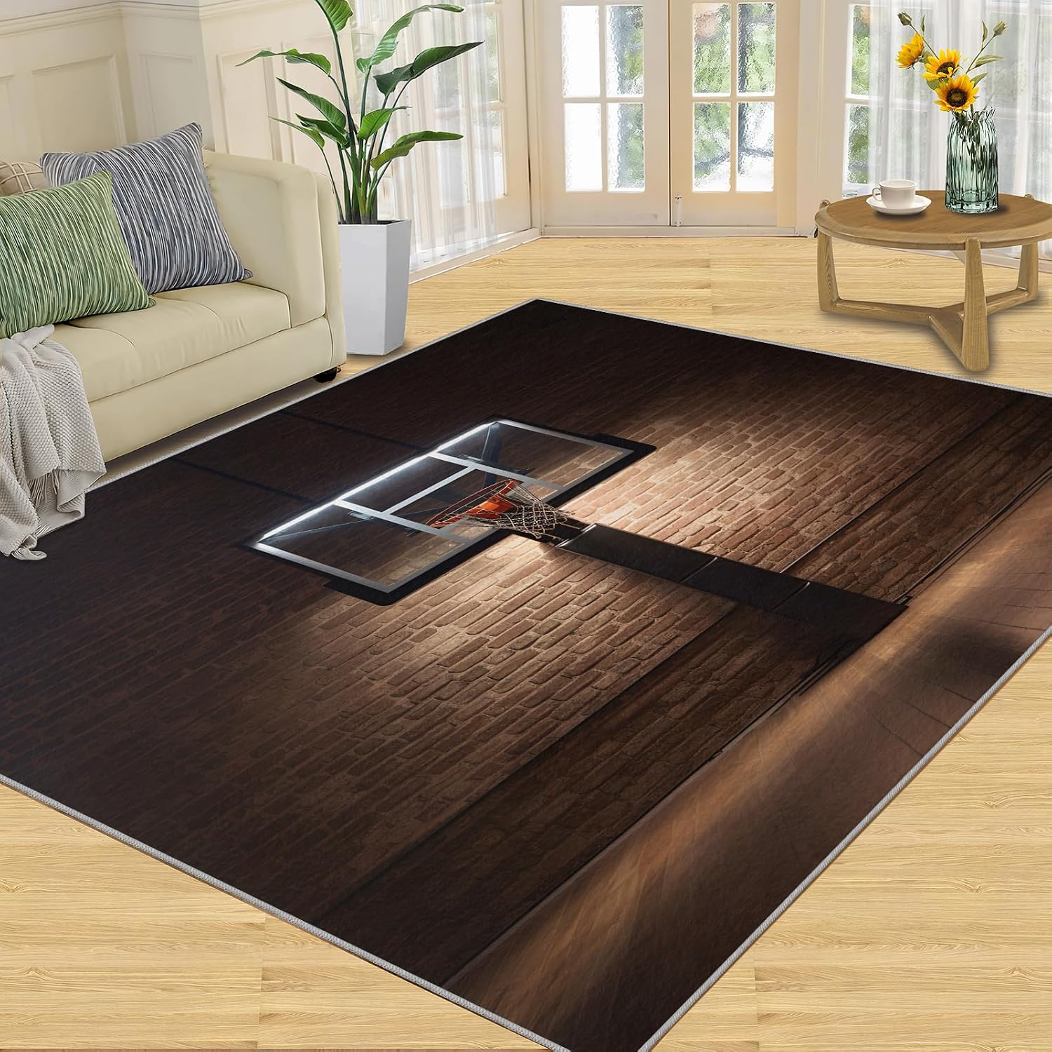 Area Rug 6x8ft, Basketball Court Rug, Basketball Sports Theme Living Room Rugs, Ultra Soft Non Slip Machine Washable Easy Care Carpet for Bedroom Study Office Apartment Room