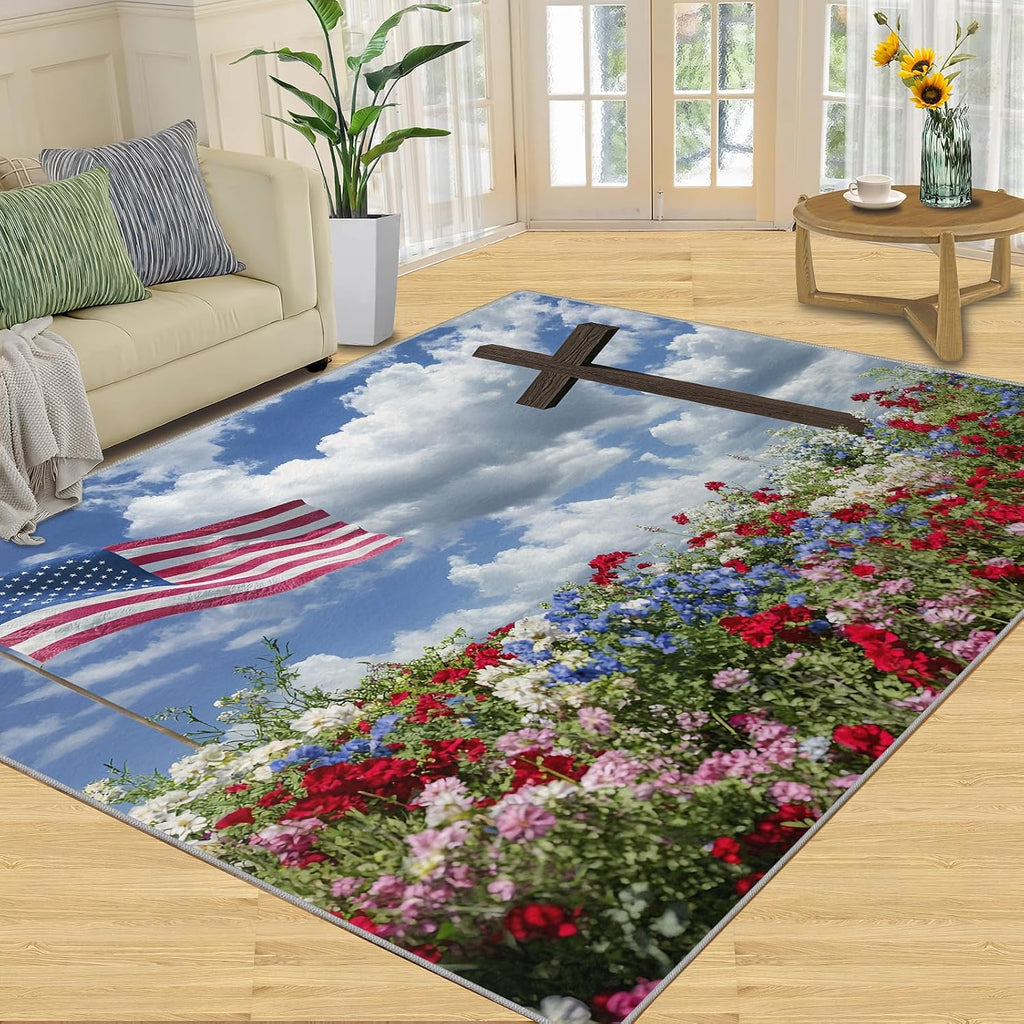 Independence Day Rugs for Bedroom, Memorial Day Rug 6x8, Patriotism Dining Room Rugs Washable & Non Slip Large Carpet for Home Decor