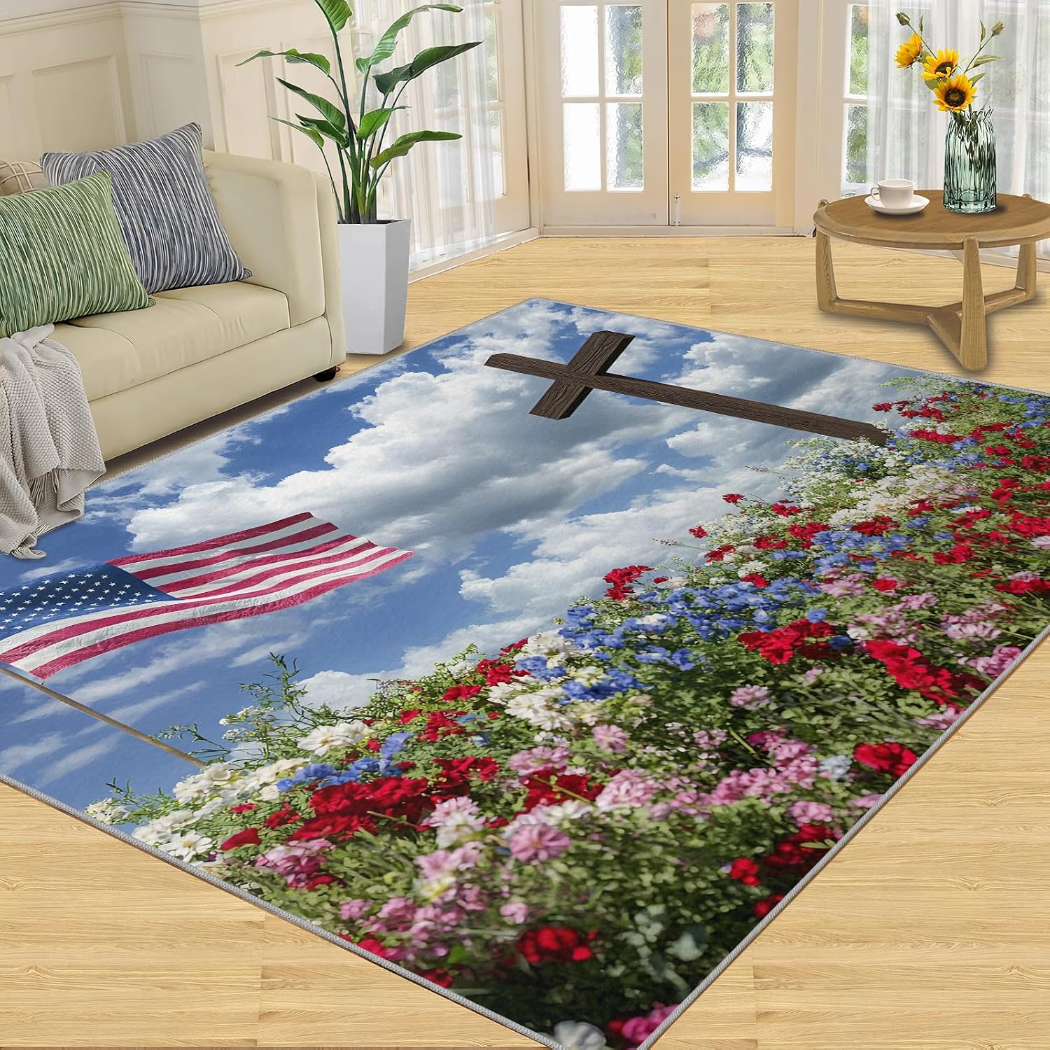 Independence Day Rugs for Bedroom, Memorial Day Rug 6x8, Patriotism Dining Room Rugs Washable & Non Slip Large Carpet for Home Decor