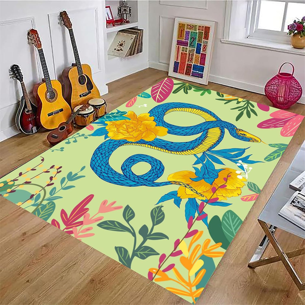 Floral Cobra Rug, 6x8ft, Green Floral Rectangular Print for Girls Room Decoration, Low Pile, Easy to Clean, Suitable for Living Room and Bedroom