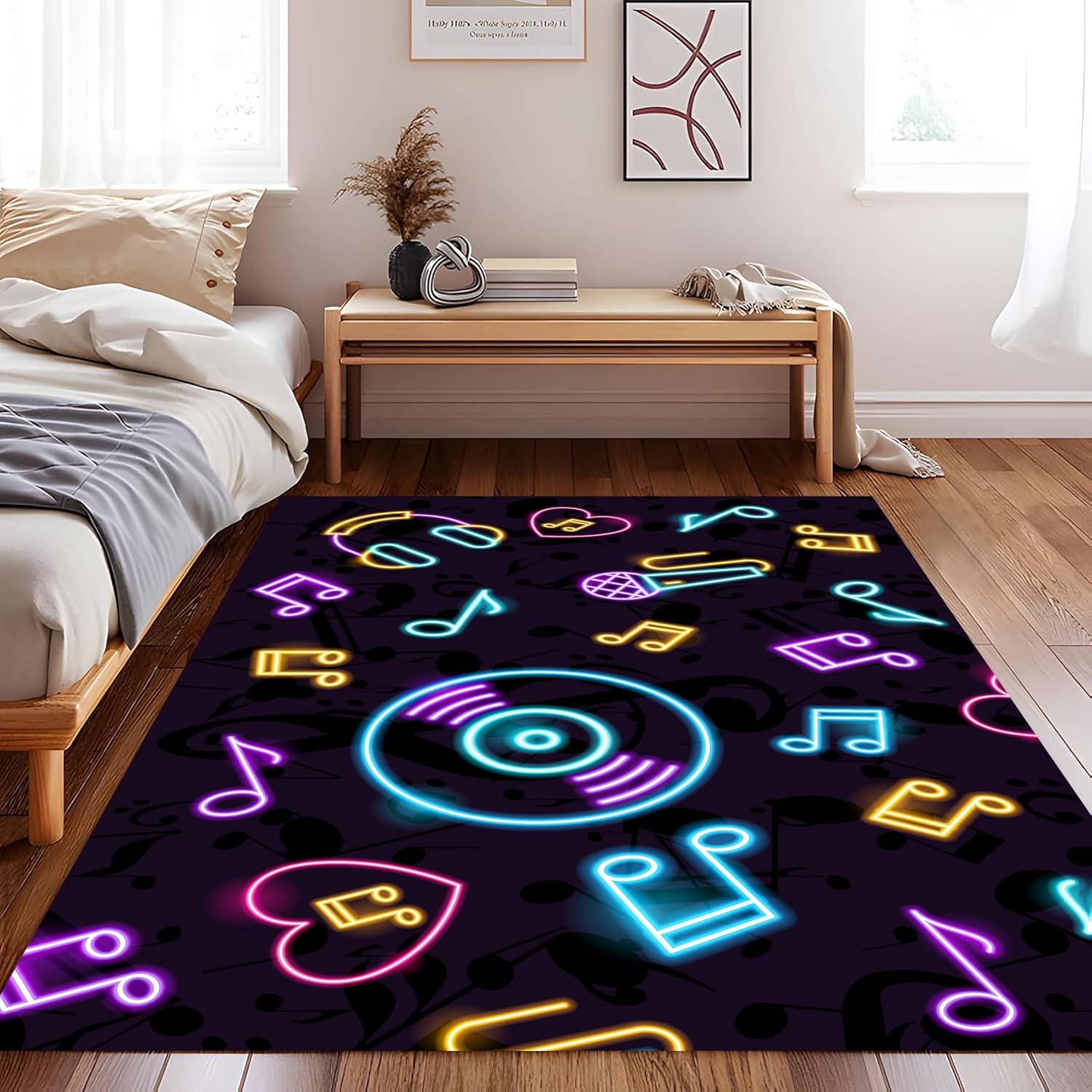 UNREASTO Music Rug for Living Room, 6x8ft, Colorful Record Note Microphone Design Cool 3D Indoor Rug Mat, Non-Slip Machine Washable Rugs for Children Boy Girl Bedroom Music Room Decoration