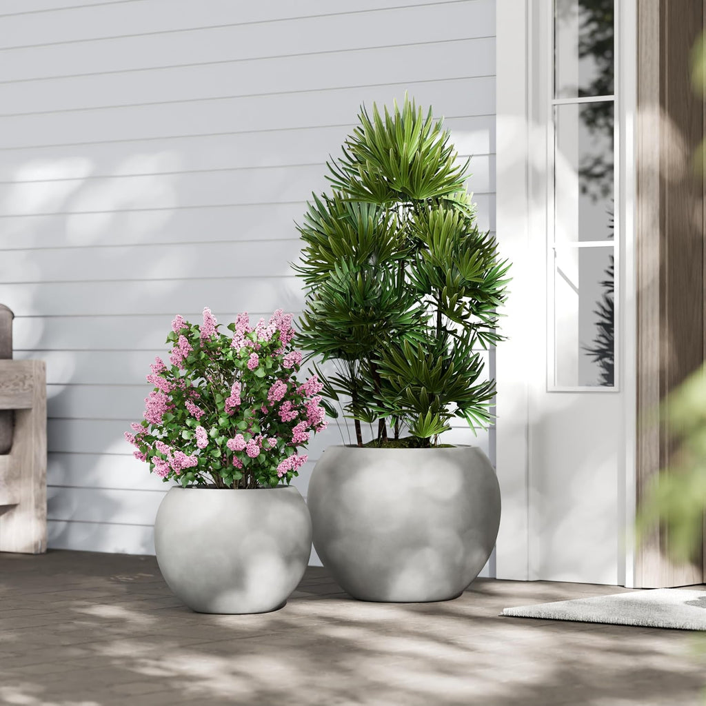 DTY Premium Mt Sherman Fiberstone Sphere Planter for Indoor Outdoor Use, Round Pot for Olive Tree, Lightweight, Smooth Finishes. 2 Extra Coco Mats. Gray, Large 21.1'' D x 16.7'' H. 14.6' Pot Opening