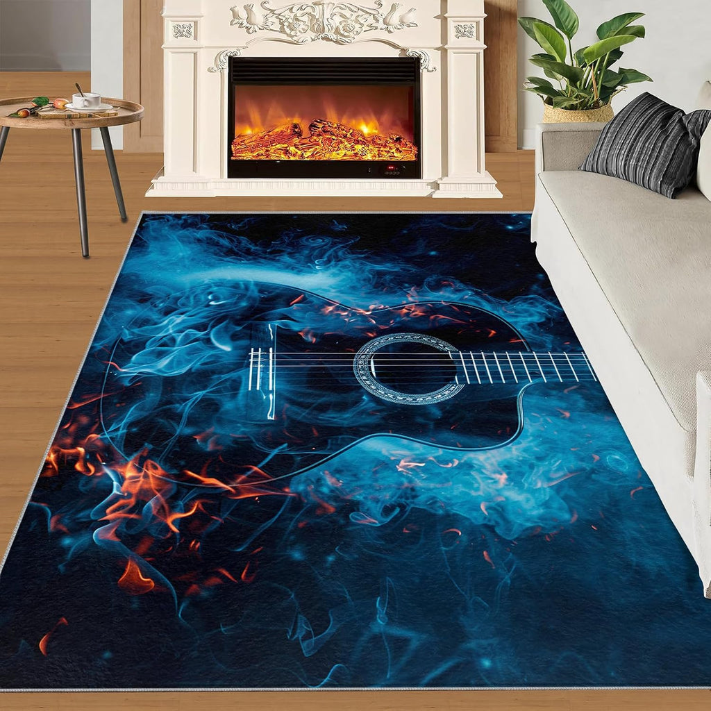 Guitar Rugs for Music Room - 5x7 Rug, Music Home Decor, Boys Musical Washable Rugs for Living Room Bedroom, Cool Blue Area Rug, Rock and Roll Carpet, Electric Guitars Gifts for Men