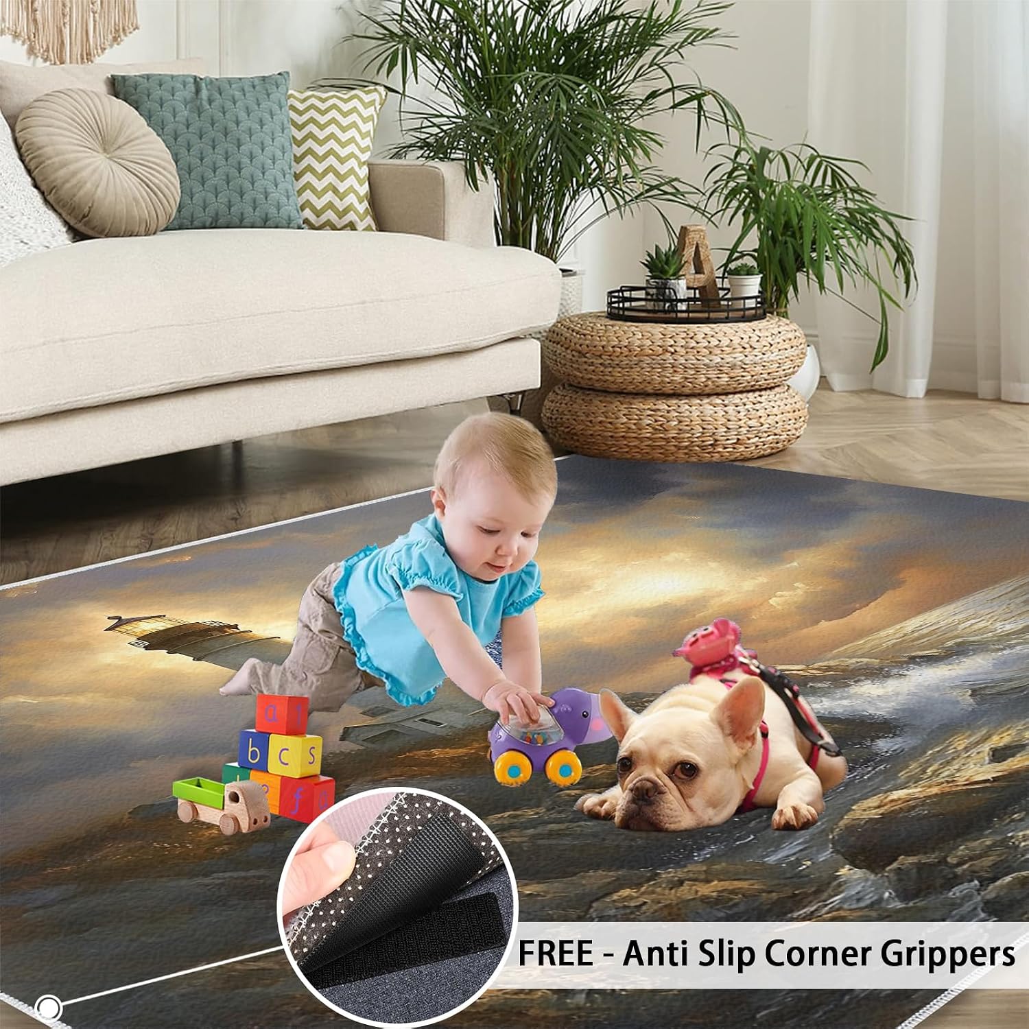 Lighthouse Rug Large - 6x8 Rug, Nautical Area Rugs for Bedroom, Coastal Beach Rugs for Living Room, Boys Room Washable Mat, Ocean Carpet, Nautical Home Decor & Gifts
