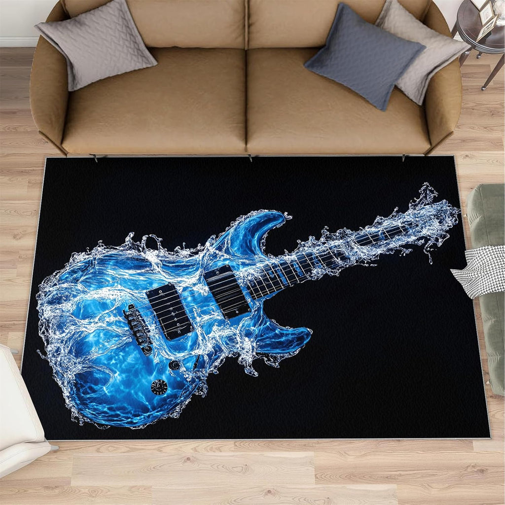 Electric Guitar Rugs for Music Room - 6x8 Rug, Music Area Rugs for Bedroom, Americana Guitars Rugs, Blue Guitars Washable Carpet for Nursery, Musical Carpet, Guitar Home Decor