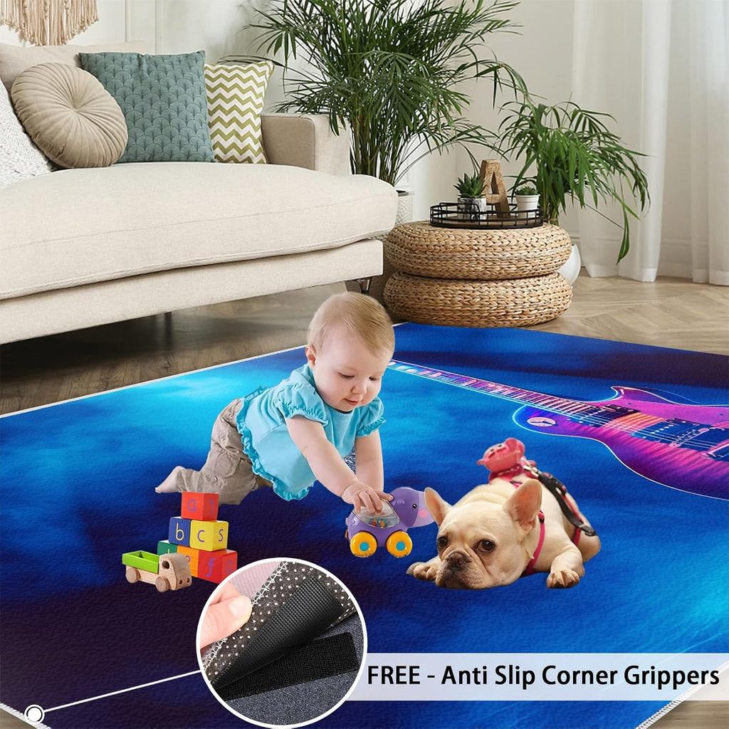 Guitar Rug 6x9, Music Area Rugs for Bedroom, Guitar Rugs for Boys Room, Low Pile Non Slip Carpet for Computer Game Room Dormitory