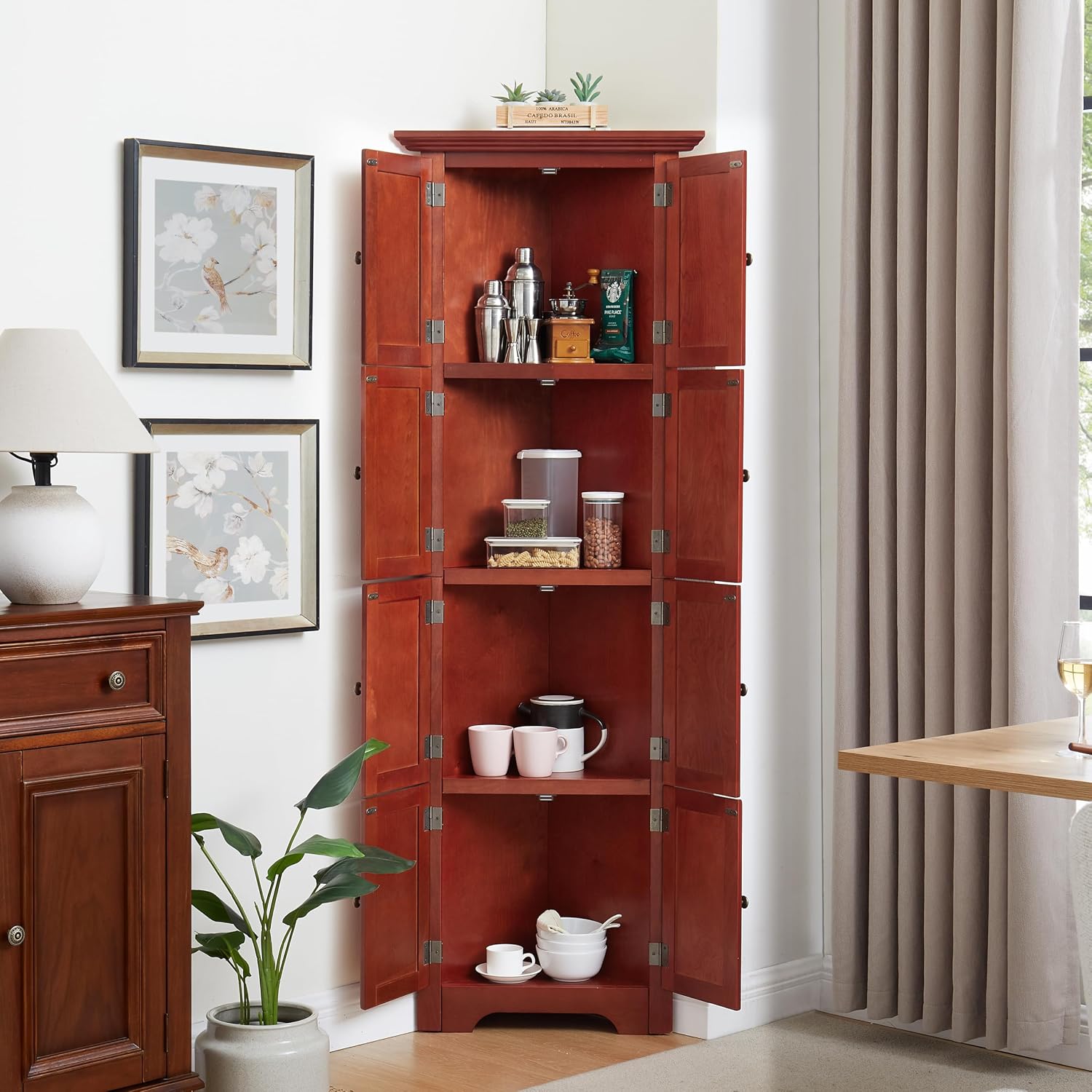 72' Sturdy Freestanding Storage Cabinet, Kitchen Storage Bakers Rack with Tiered Shelves, Utility Food Cupboard with Spacious Doors for Kitchen, Bathroom, Living Room, Cherry