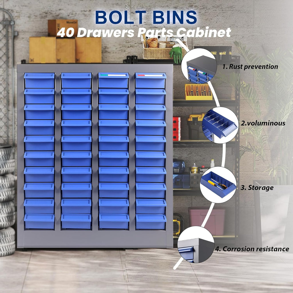 Alloy Steel Nuts and Bolts Organizers and Storage, 8.66' D x 21' W x 24.8' H, ABS Material Drawer Parts Cabinet with Labels and Dividers, Small Parts Organizer for Workshop, Office，Home (40 Drawers)