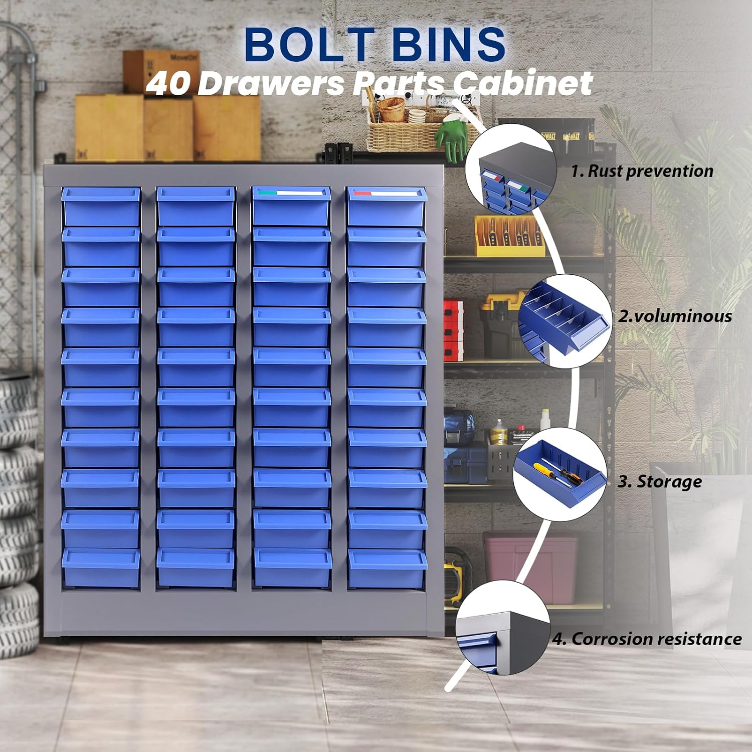 Alloy Steel Nuts and Bolts Organizers and Storage, 8.66' D x 21' W x 24.8' H, ABS Material Drawer Parts Cabinet with Labels and Dividers, Small Parts Organizer for Workshop, Office，Home (40 Drawers)