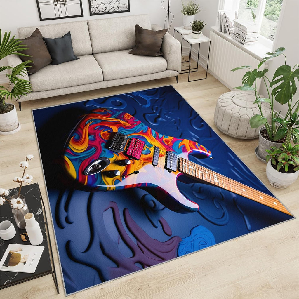 Guitar Rugs for Music Room - 5x7 Rug, Music Home Decor, Boys Musical Washable Rugs for Living Room Bedroom, Colorful Area Rug, Rock and Roll Carpet, Electric Guitars Gifts for Men