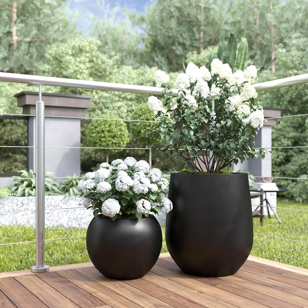 DTY Premium Mt Sherman Fiberstone Sphere Planter for Indoor Outdoor Use, Round Pot for Olive Tree, Lightweight, Smooth Finishes. 2 Extra Coco Mats. Black, Large 21.1'' D x 16.7'' H. 14.6' Pot Opening