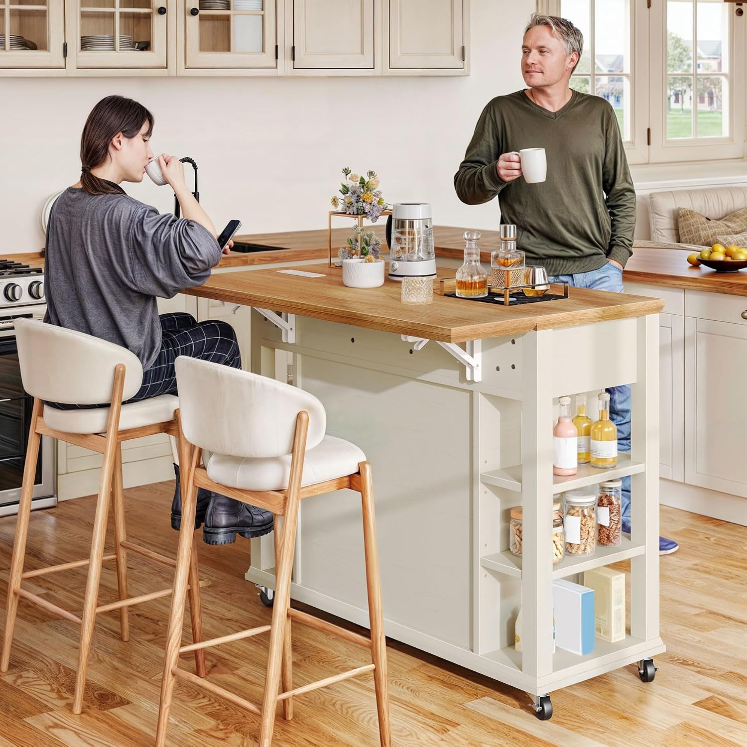 YITAHOME Kitchen Island with Drop Leaf, Mobile Storage Island with Power Outlet, Americana Rolling Kitchen Carts with Storage Shelves and Drawers, Island Table on Wheels for Dining Room, Beige