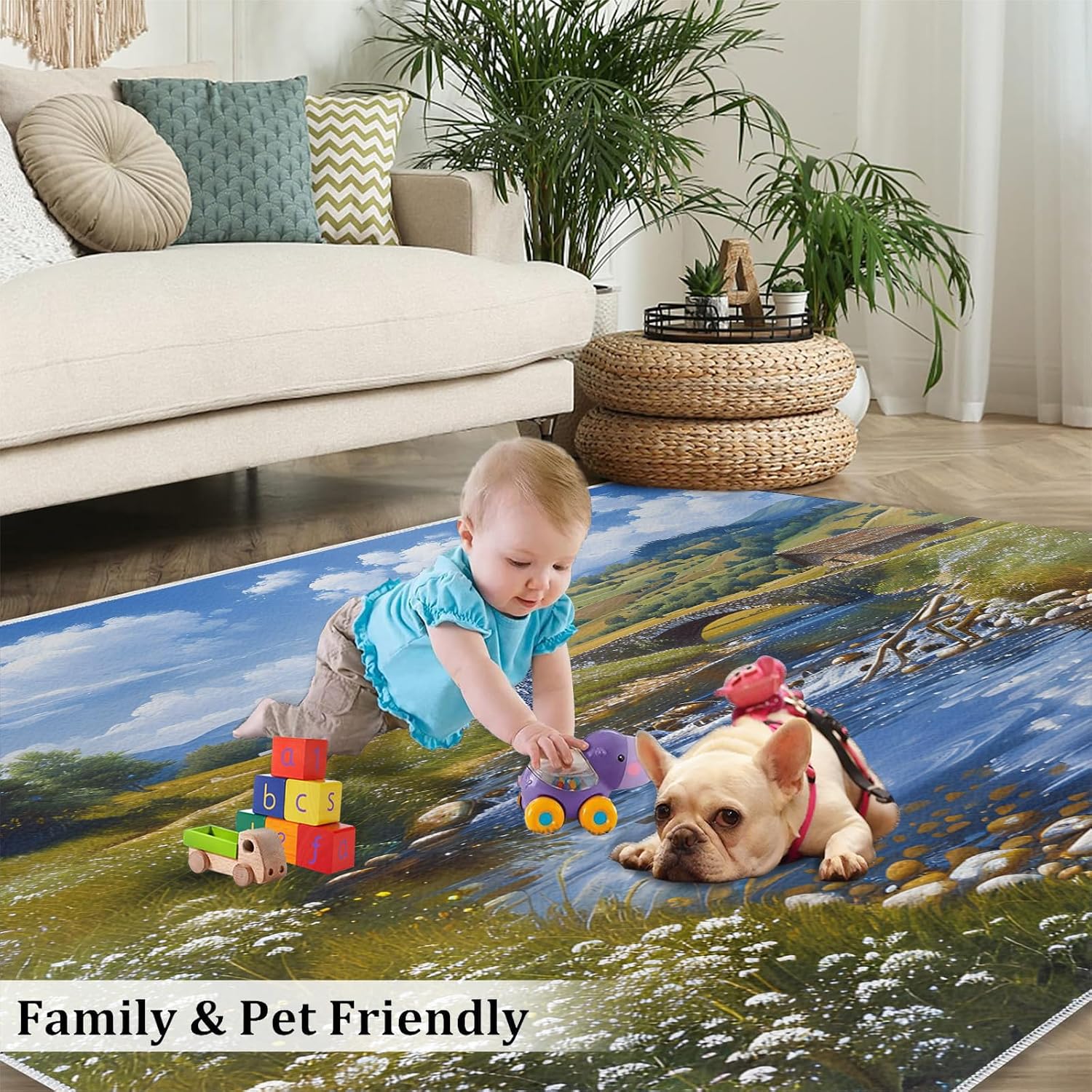 Area Rug 6x8ft, Grassland Lake Rugs, Nature Landscape Area Rug, Upholstery Carpet with Non-Slip Backing, Soft Washable Rug for Living Room Kids Boys Girls Bedroom Study Room