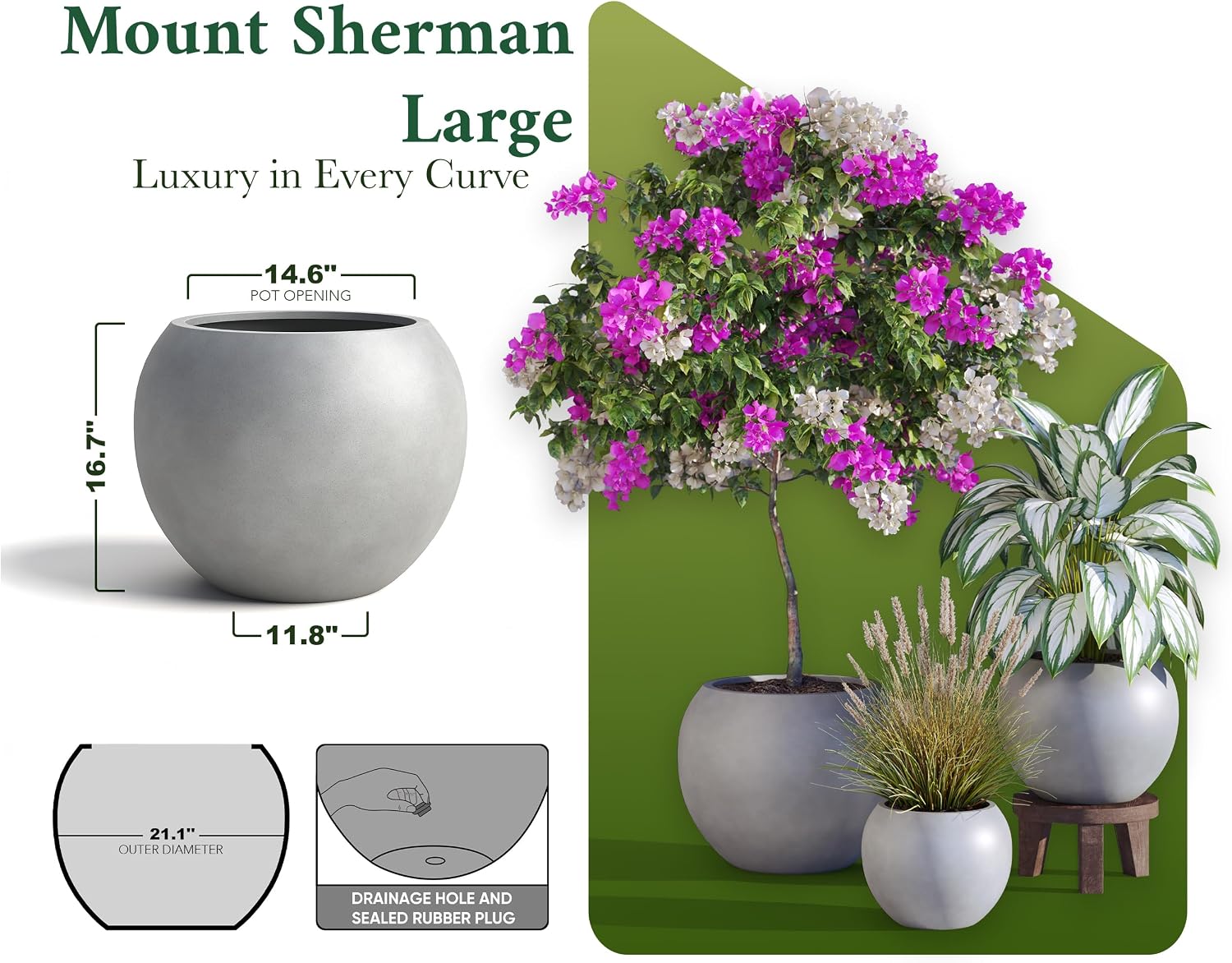 DTY Premium Mt Sherman Fiberstone Sphere Planter for Indoor Outdoor Use, Round Pot for Olive Tree, Lightweight, Smooth Finishes. 2 Extra Coco Mats. Gray, Large 21.1'' D x 16.7'' H. 14.6' Pot Opening
