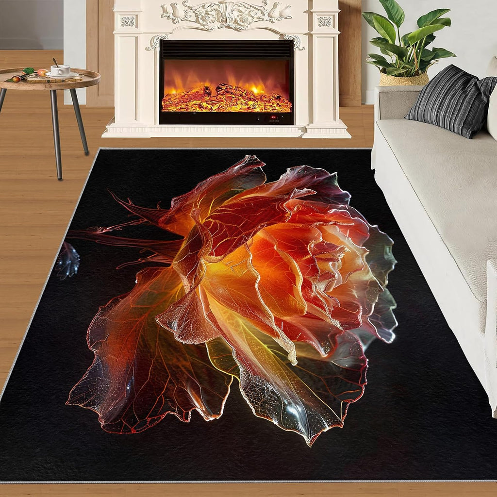Area Rug 6x8ft, Red Glass Flowers Rugs for Living Room, Creative Popular Beautiful Bedroom Rug, Machine Washable Breathable Durable Indoor Carpet for Bedside Porch Entryway Office