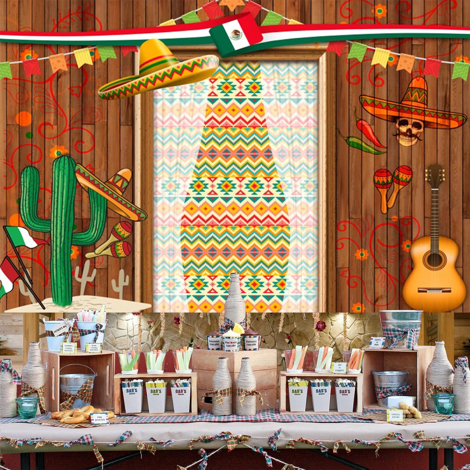 20x10ft Mexico Fiesta Photography Backdrop Wooden Mexico Cactus Guitar Flags Photography Background Cinco de Mayo Party Mexico Theme Bday Festival Banner Supplies for Kid Adults Video Studio