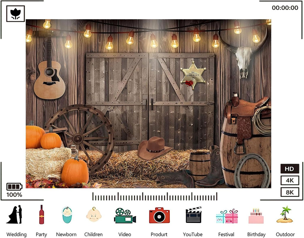 Trykid 20x10ft Western Cowboy Backdrop Wild West Wooden Barn Door Guitar Hay Bales Pumpkins Photography Boys Girls Birthday Party Decoration Banner Photoshoot Studio Props Fabric