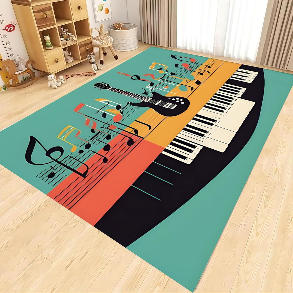 Music Area Rugs，6x8ft Abstract Piano Music Living Room Non-Slip Carpet，Colorful Musical Note Electric Guitar Decorative Carpet，for Indoor Carpets for High Traffic Areas Easy Clean Large Rug