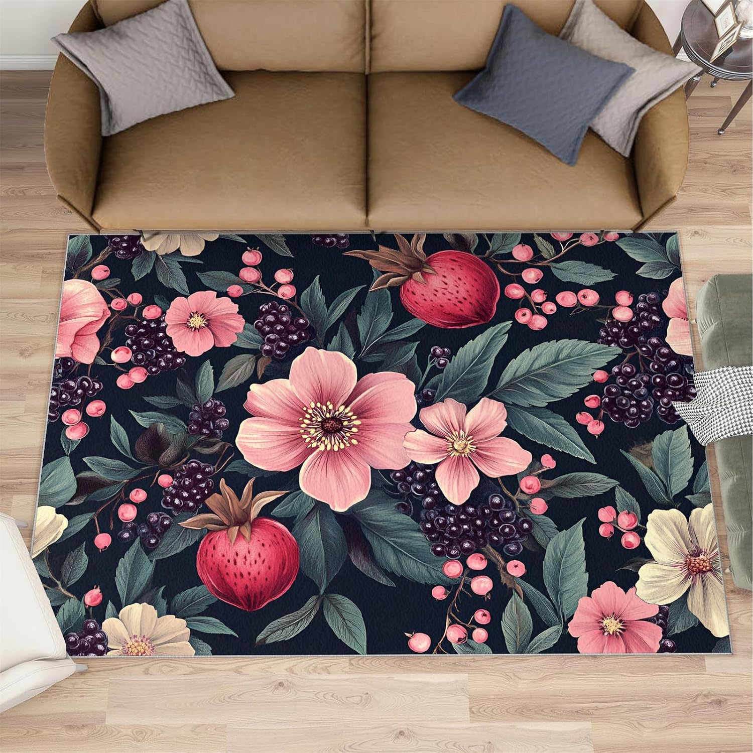 Rustic Rugs for Bedroom, Boho Flowers Area Rug, Pink Florals Rugs for Living Room, 6x8 Washable Rug Non Slip & Low Pile, Indoor Carpet & Home Decor